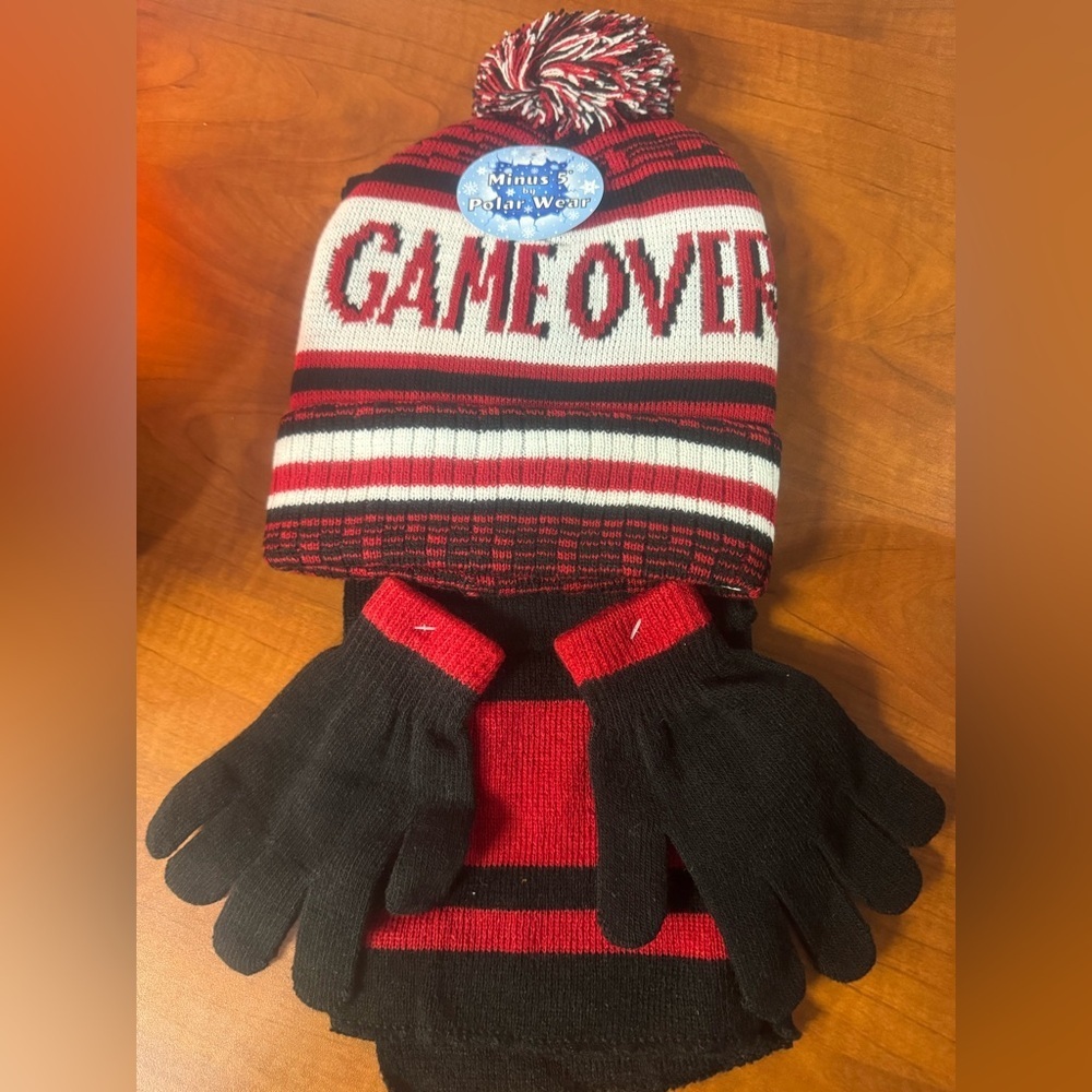 Red and Black Game Over Beanie and Gloves Set